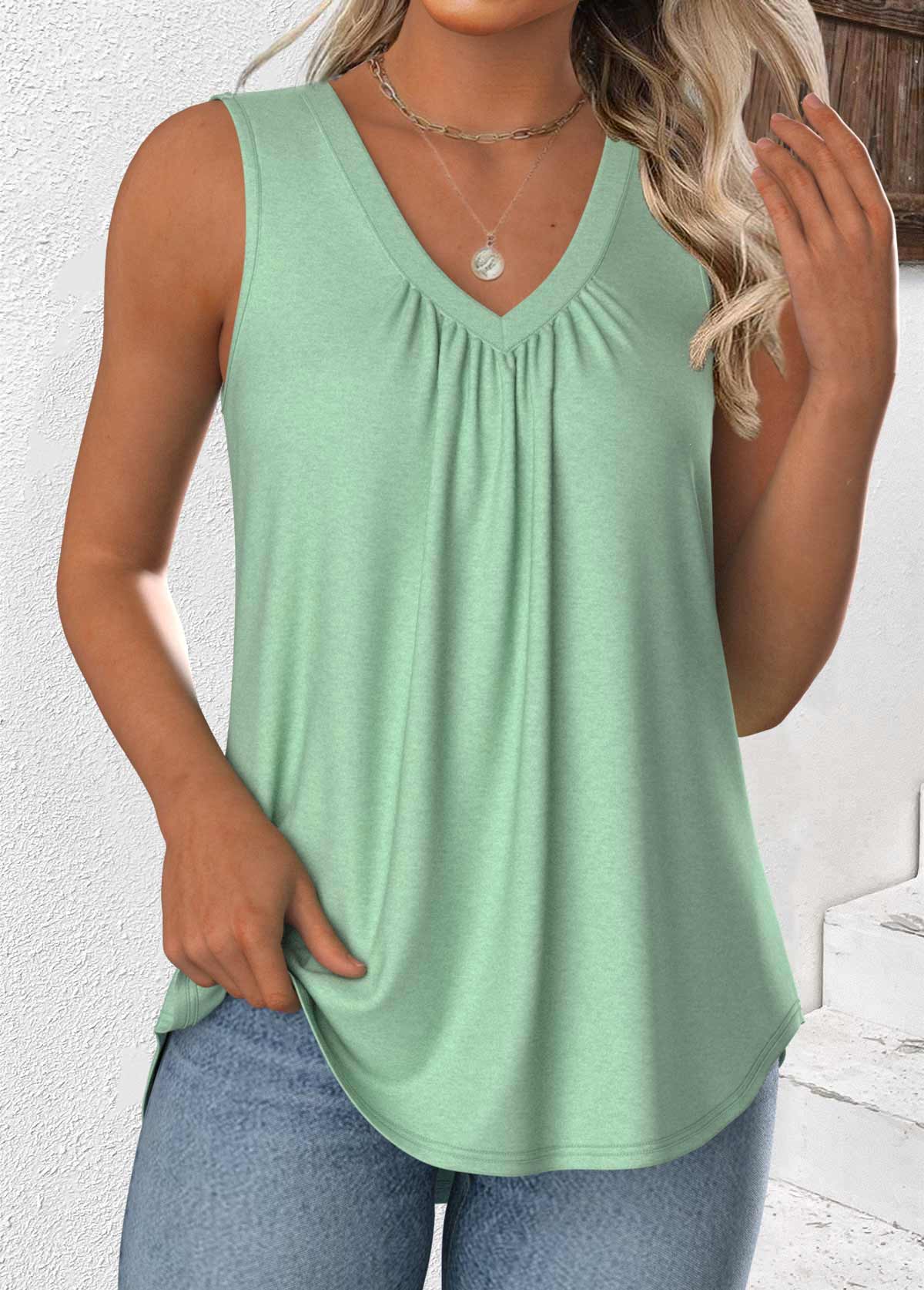 Light Green tops,Plain Color tops,ROTITA Light Green V Neck Sleeveless Tank Top