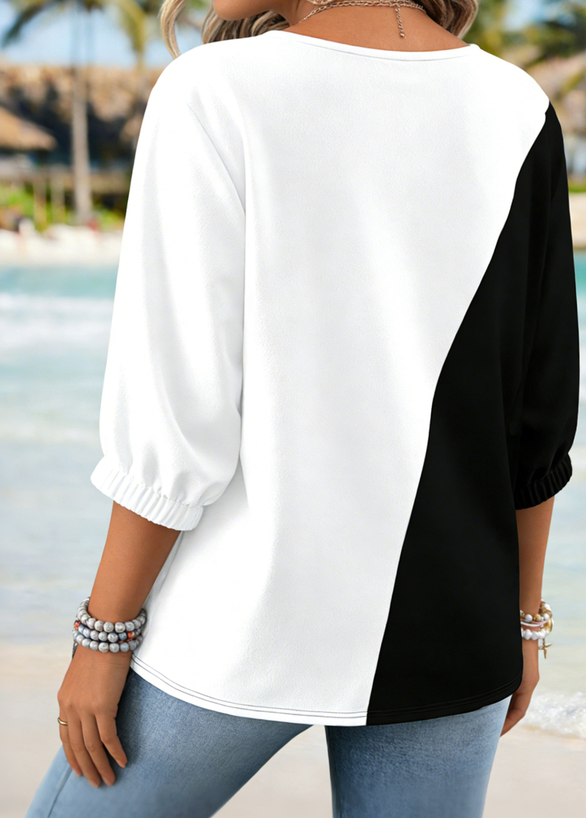 Black tops,Plants tops,ROTITA Tummy Coverage Tropical Plants Print Black Round Neck Blouse