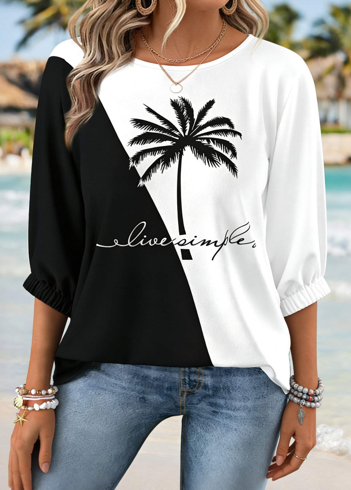 Black tops,Plants tops,ROTITA Tummy Coverage Tropical Plants Print Black Round Neck Blouse