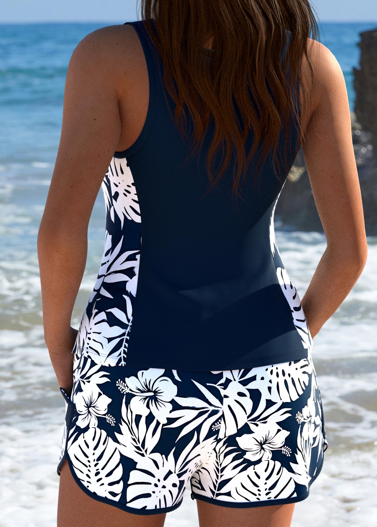 Navy swimwear,Floral swimwear,Plants swimwear,ROTITA Navy Floral Print Mid Waisted Tankini Set