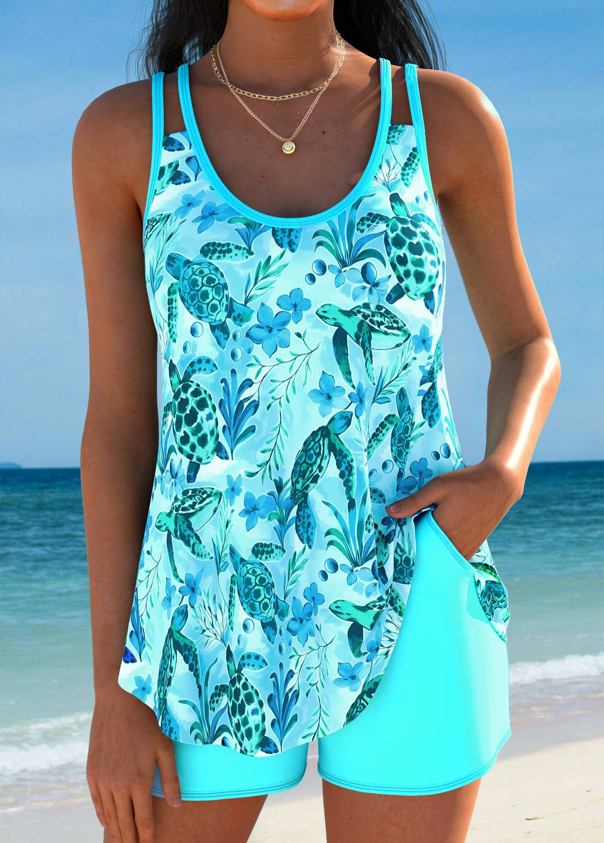 Light Blue swimwear,Animal Print swimwear,Plants swimwear,ROTITA Curved Hem Light Blue Ocean Print Tankini Set