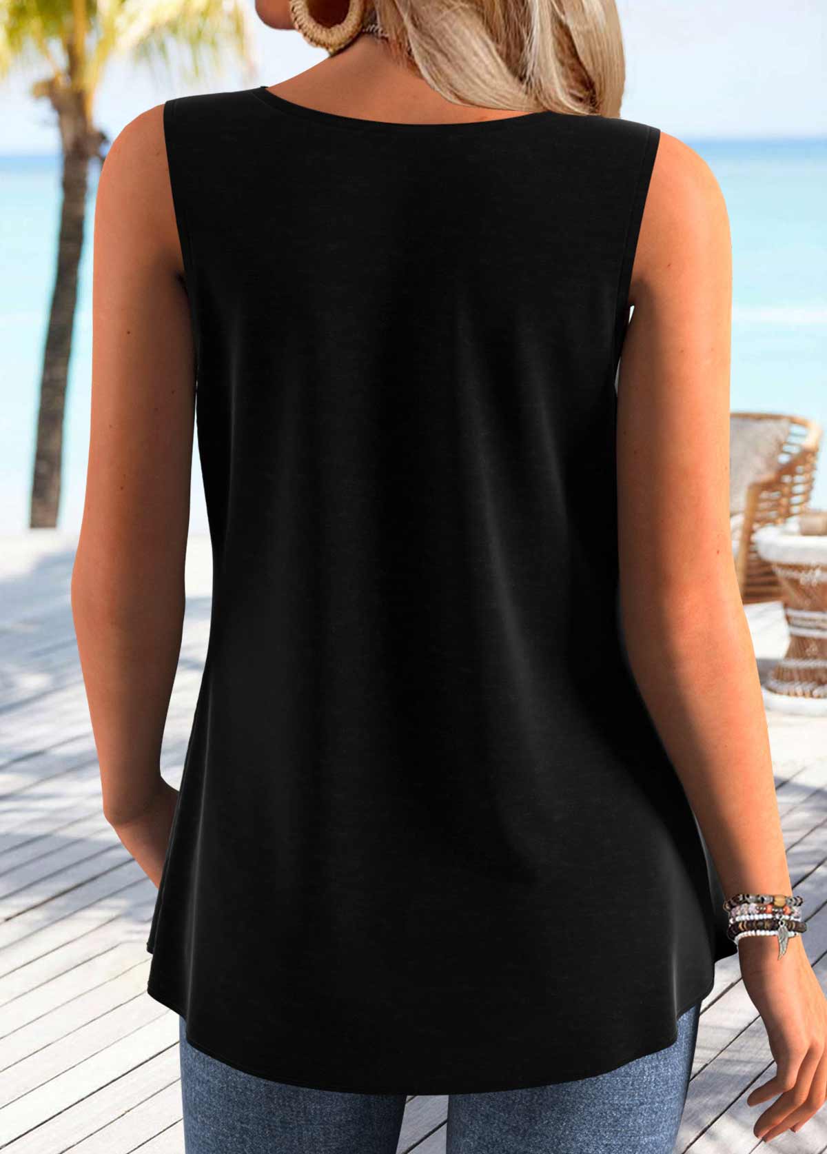 Black tops,Plain Color tops,ROTITA Tummy Coverage Black V Neck Sleeveless Tank Top