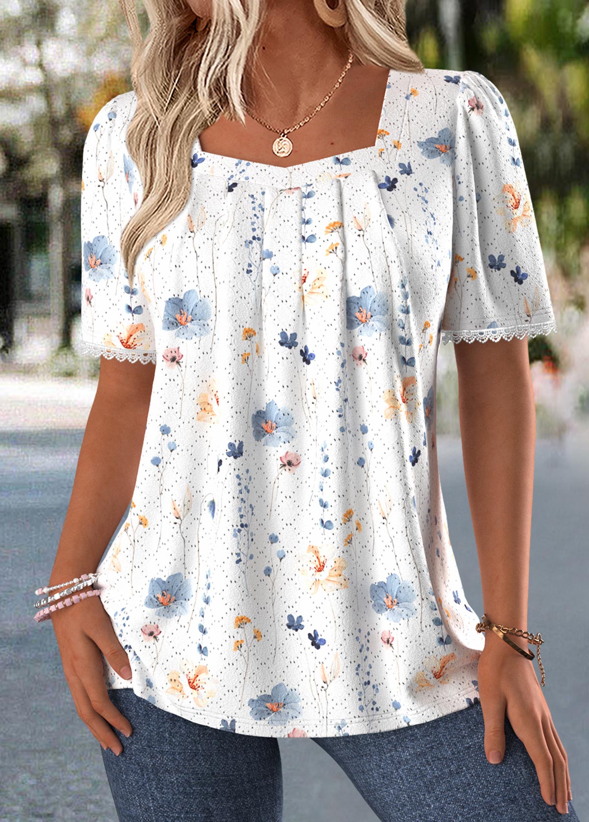 White tops,Ditsy Floral tops,ROTITA Tummy Coverage Ditsy Floral Print White T Shirt