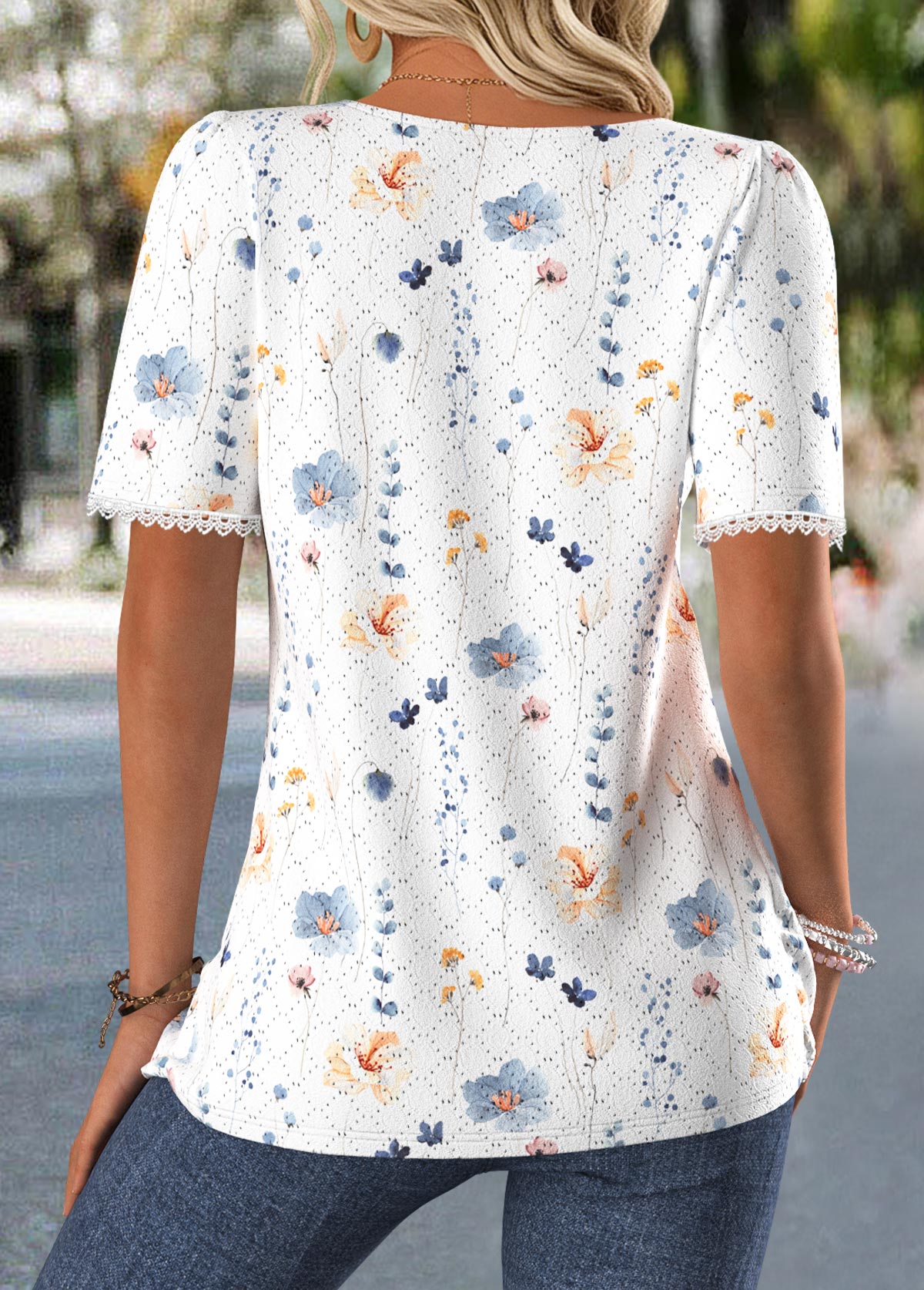 White tops,Ditsy Floral tops,ROTITA Tummy Coverage Ditsy Floral Print White T Shirt