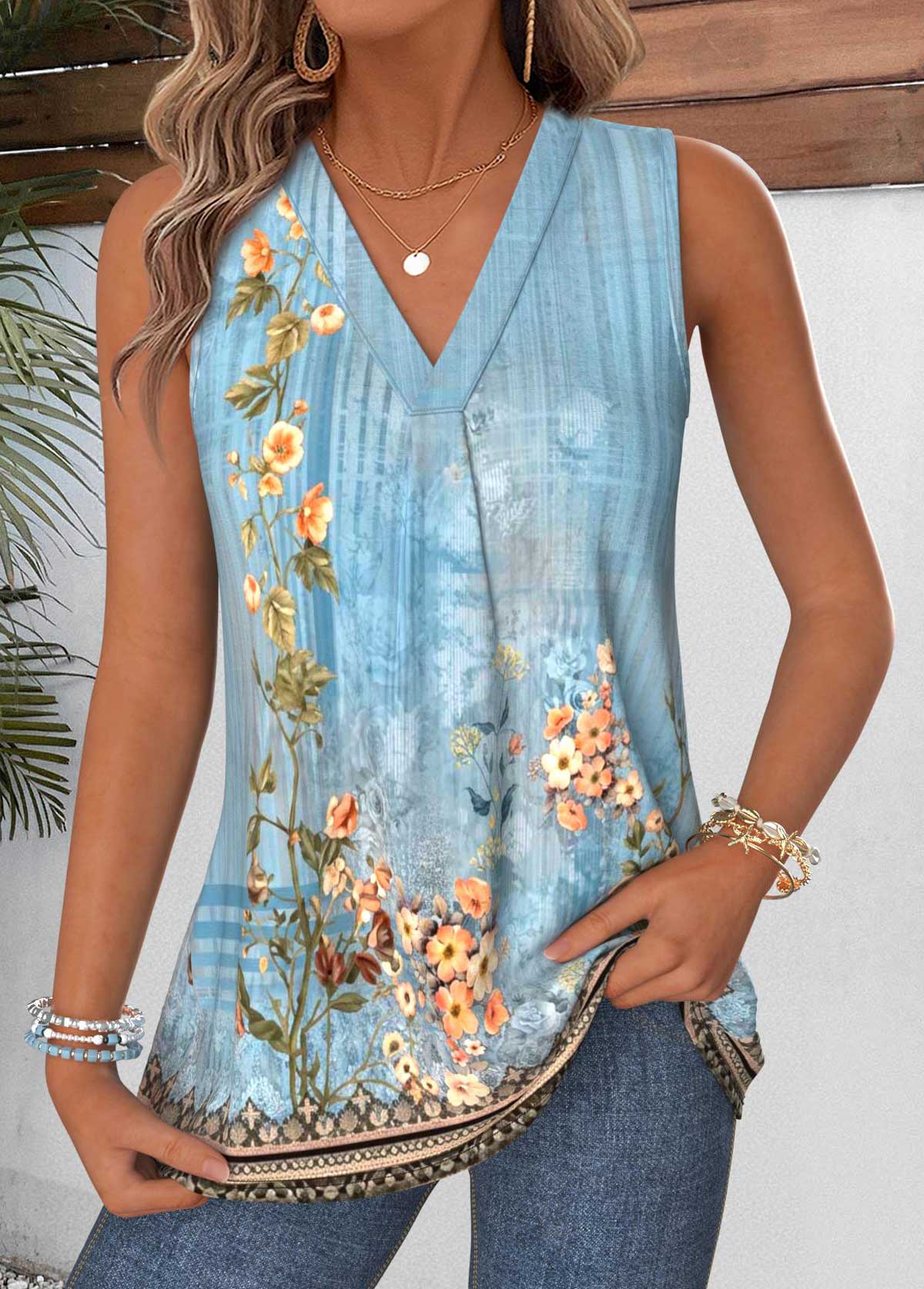 Dusty Blue tops,Plants tops,Floral tops,ROTITA Tummy Coverage Random Floral Print Dusty Blue Tank Top