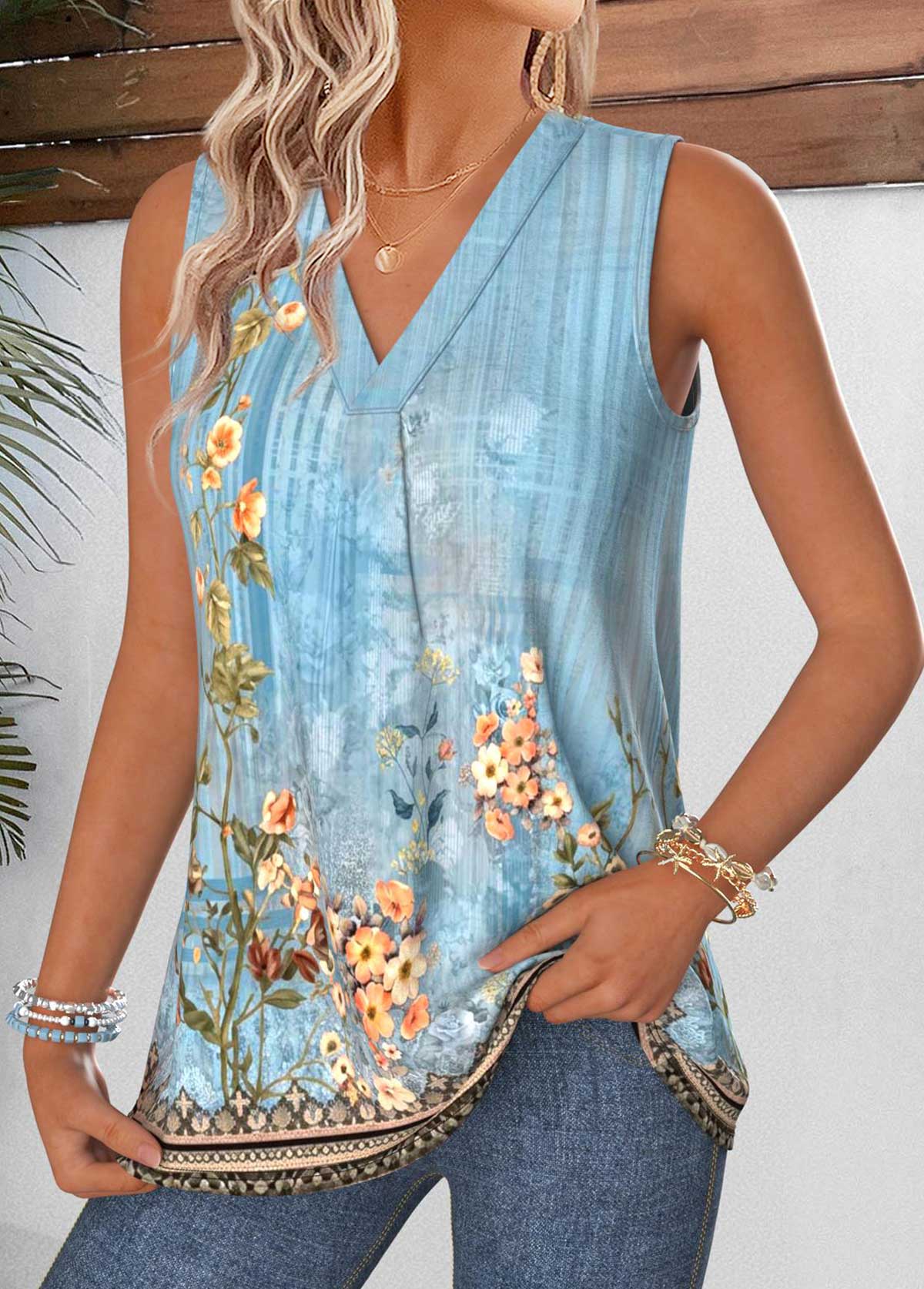 Dusty Blue tops,Plants tops,Floral tops,ROTITA Tummy Coverage Random Floral Print Dusty Blue Tank Top