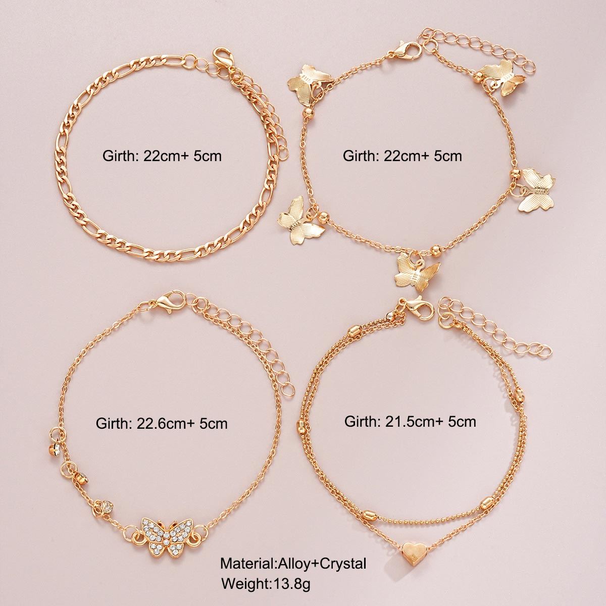 Golden jewelry,Animal Print jewelry,Heart jewelry,Butterfly Golden Heart Alloy Anklet Set