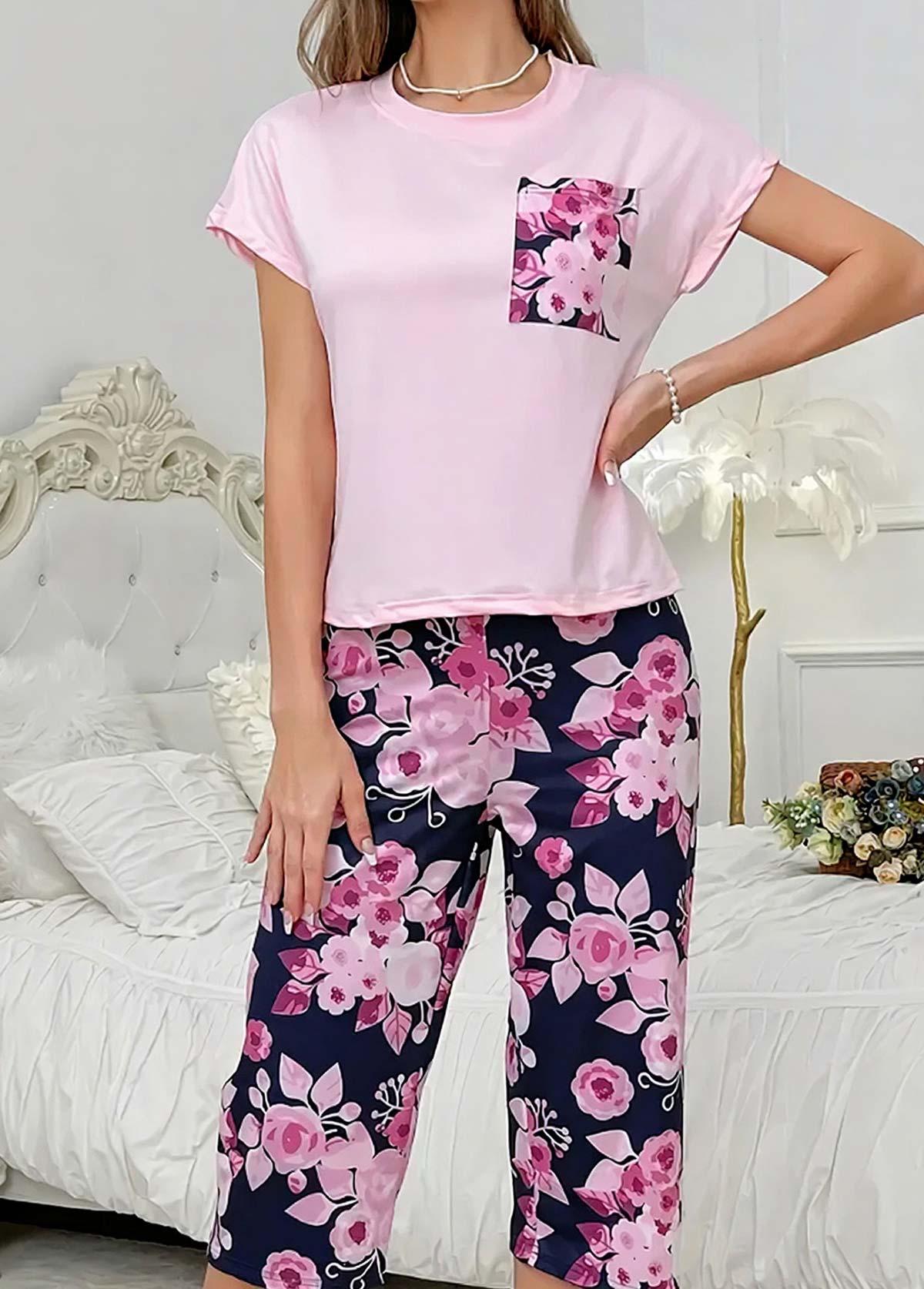 Pink loungewear,Floral loungewear,Plants loungewear,Floral Print Pink Round Neck Lounge Top and Pants