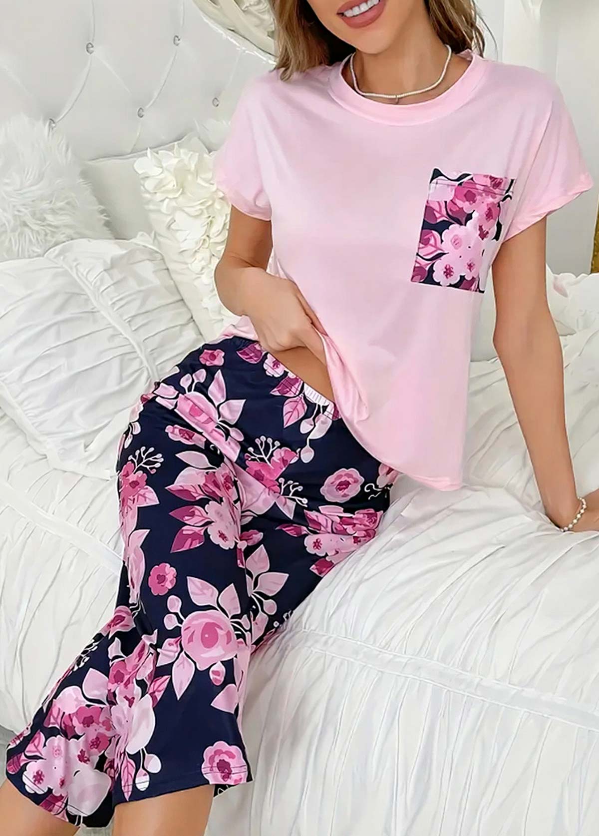 Pink loungewear,Floral loungewear,Plants loungewear,Floral Print Pink Round Neck Lounge Top and Pants