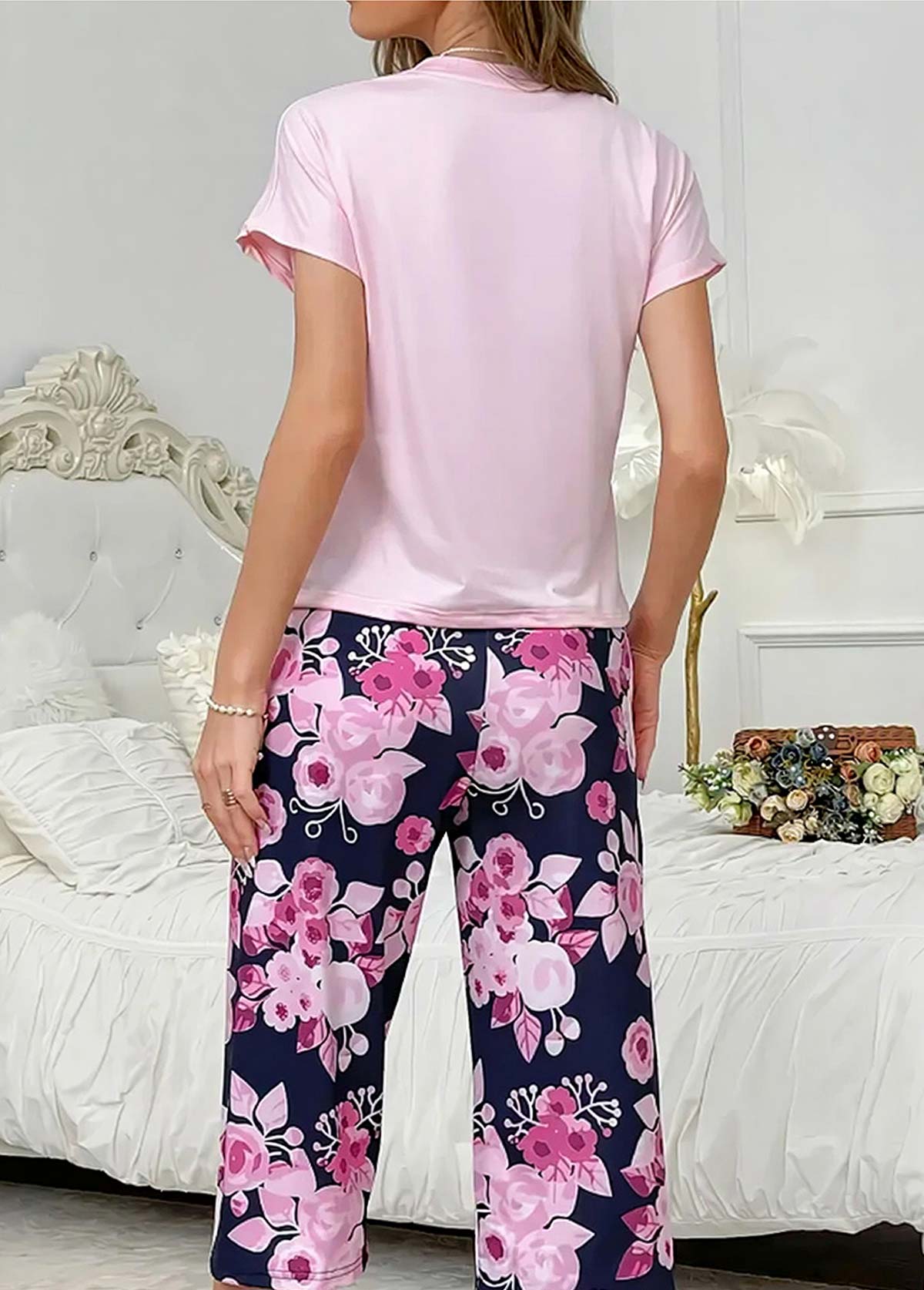 Pink loungewear,Floral loungewear,Plants loungewear,Floral Print Pink Round Neck Lounge Top and Pants