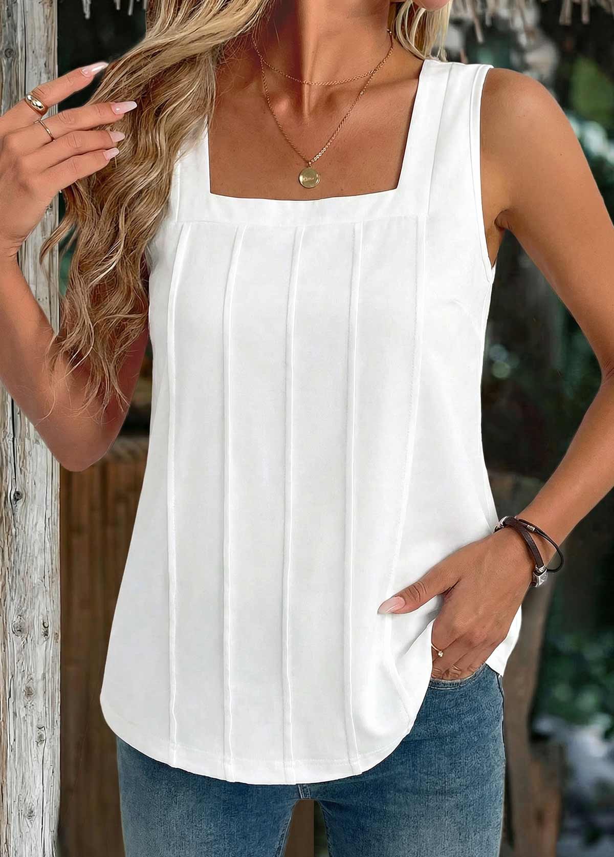 White tops,Plain Color tops,ROTITA Tuck Stitch Black Square Neck Sleeveless Tank Top