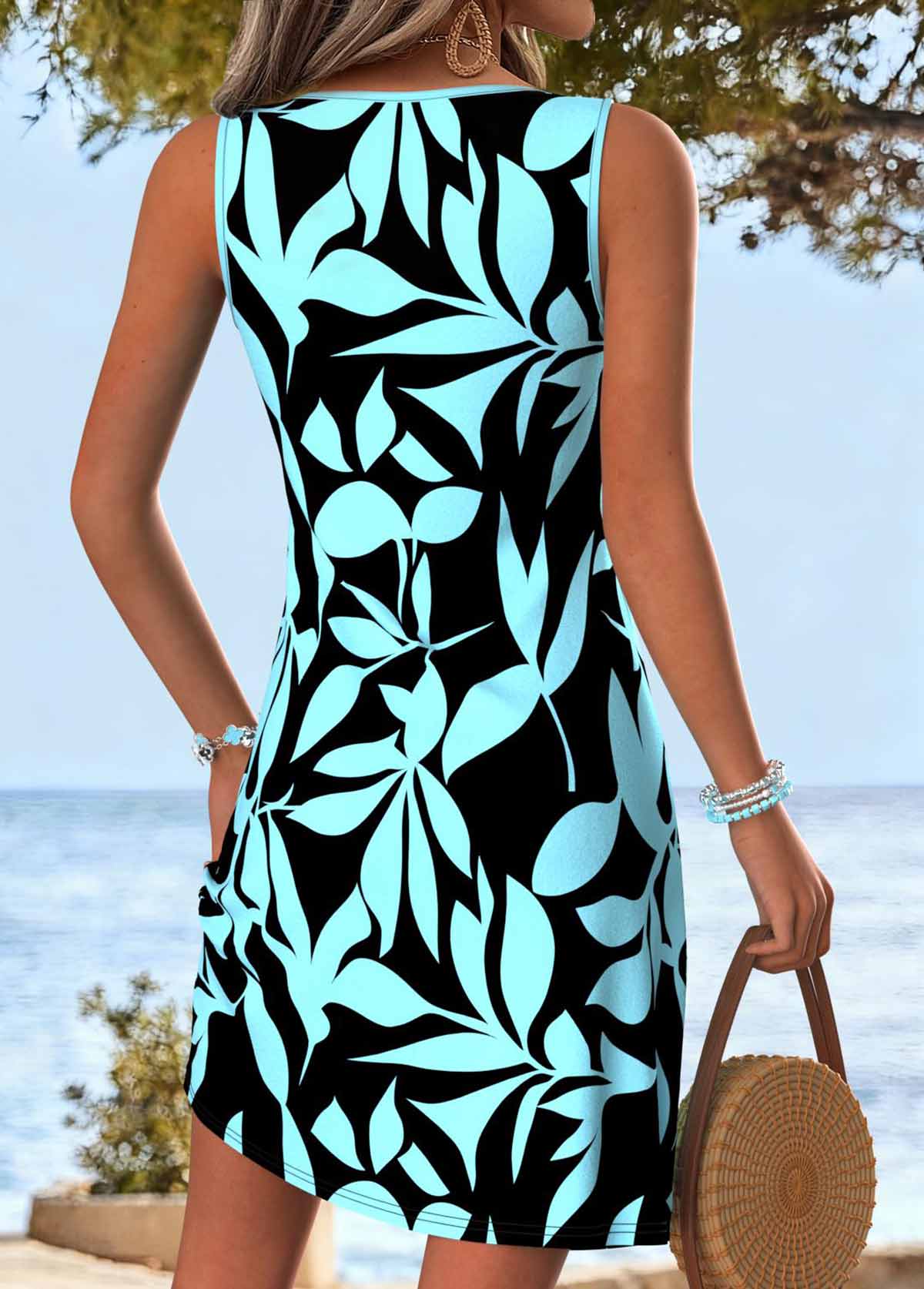 Cyan dresses,Black dresses,Plants dresses,Vacation dresses,Vacation dresses,ROTITA Tummy Coverage Leaf Print Cyan Short V Neck Dress