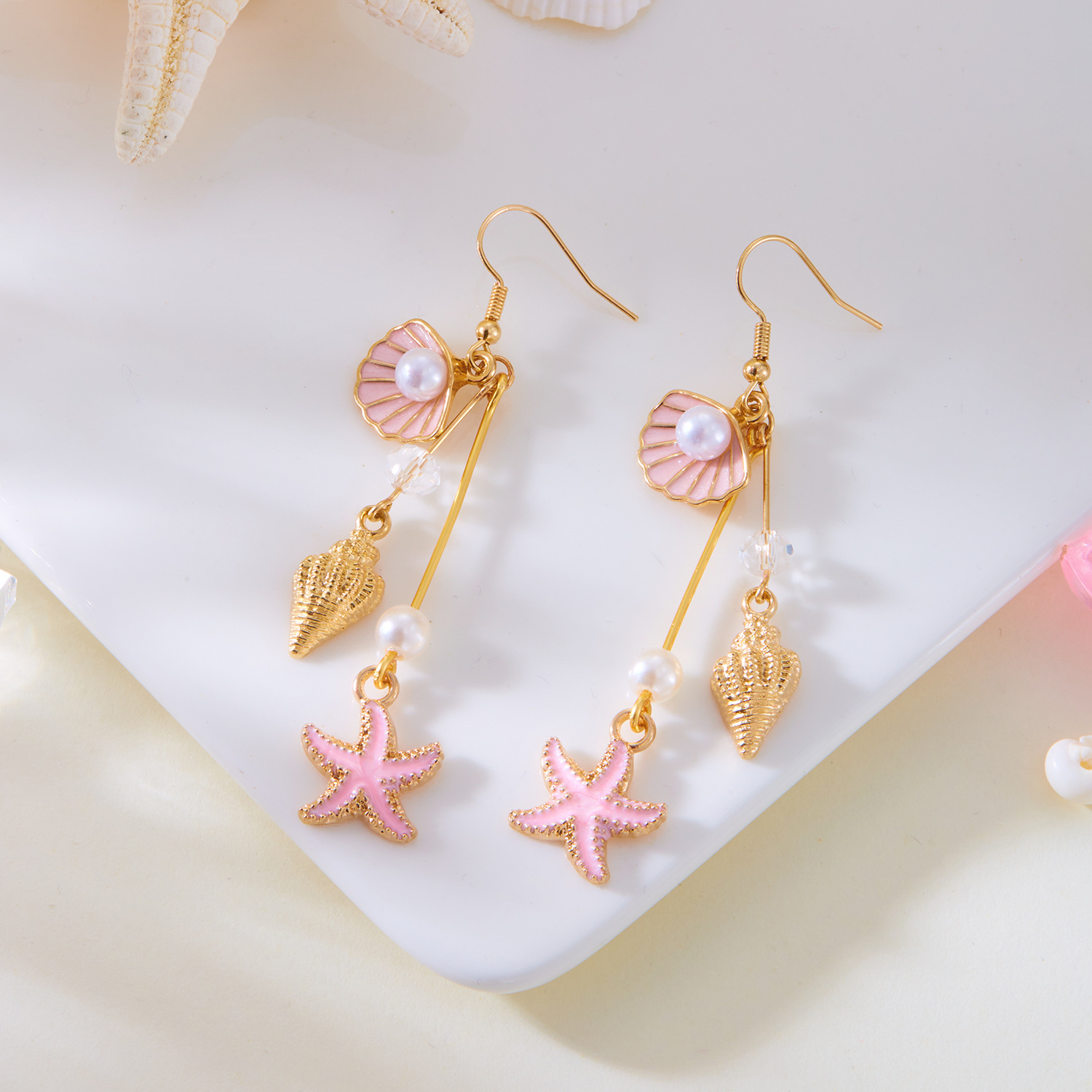 Pink jewelry,Pink Color Shell Alloy Detail Earrings