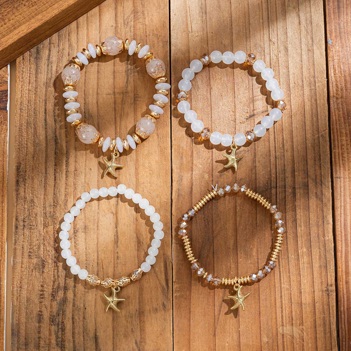 Beige jewelry,Animal Print jewelry,Beige Alloy Starfish Beaded Bracelet Set