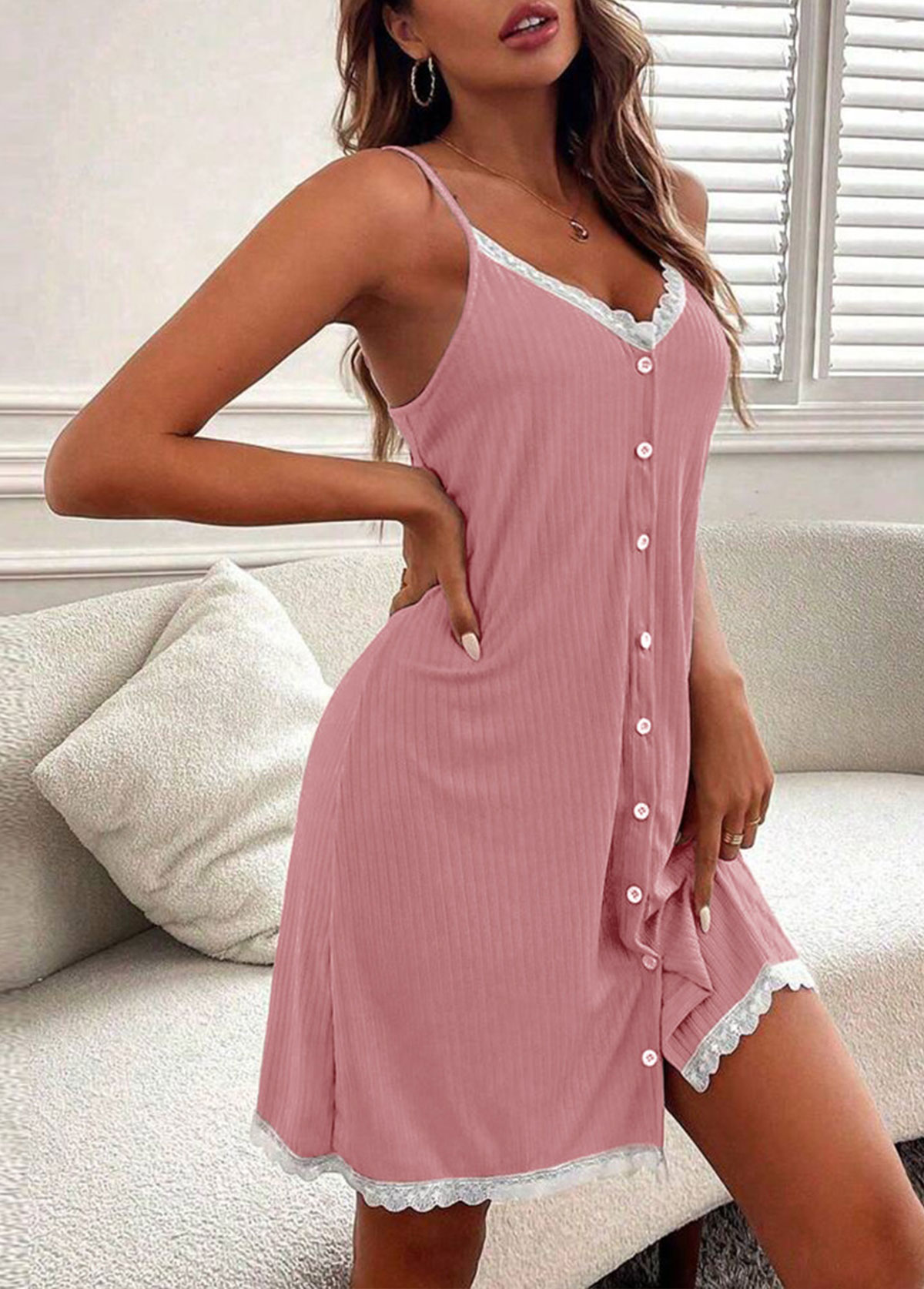 Pink loungewear,Contrast Color loungewear,Pink Strappy V Neck Strappy Nightdress