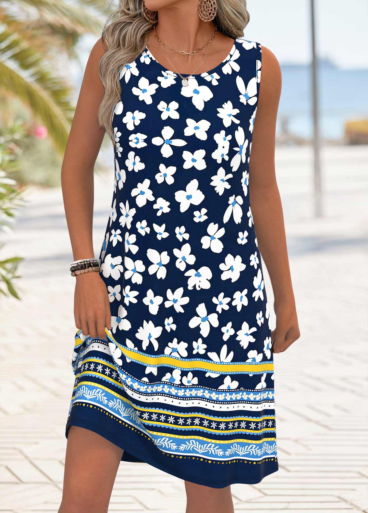 Navy dresses,Floral dresses,Plants dresses,Vacation dresses,ROTITA Navy Floral Print Tummy Coverage Round Neck Sleeveless Dress