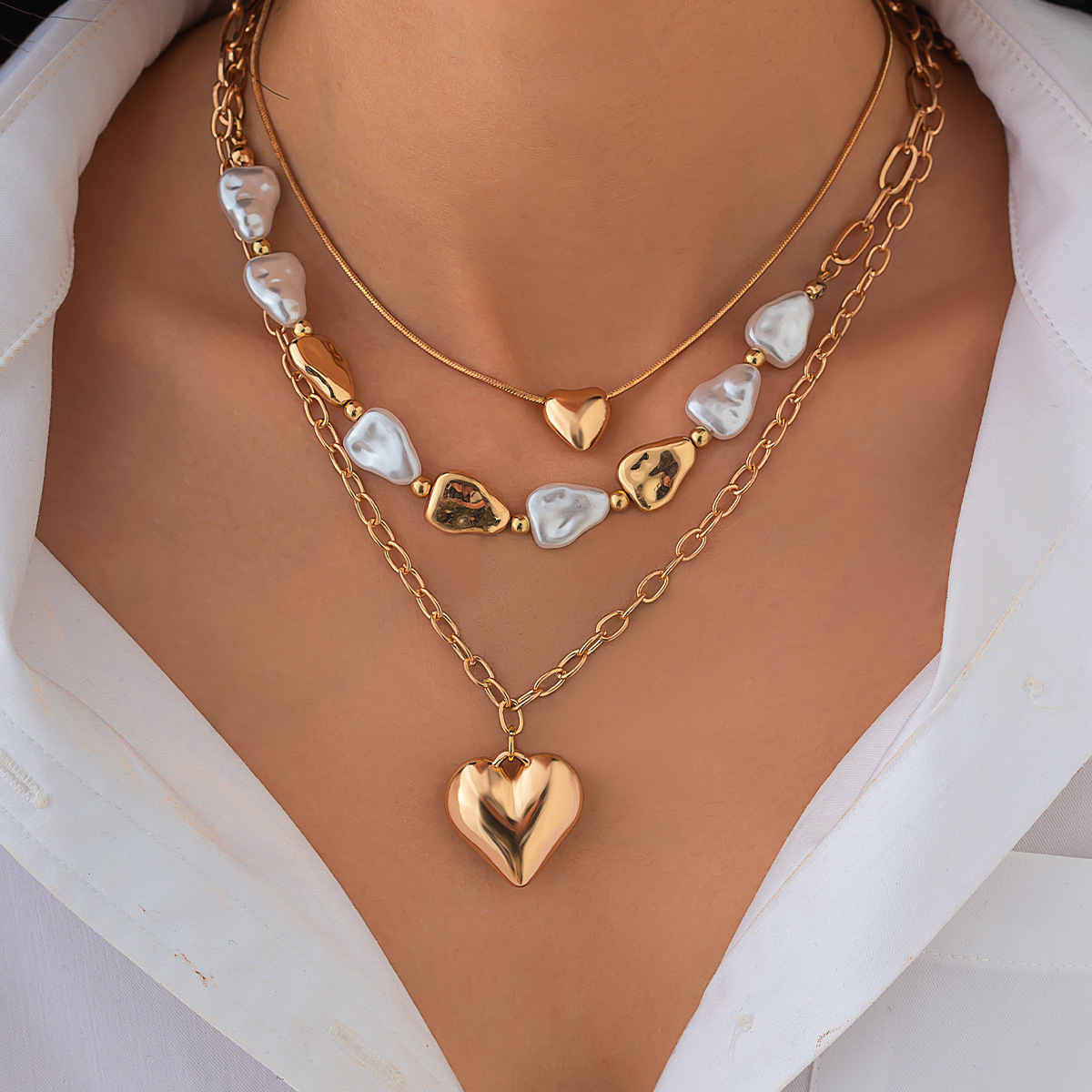 Golden jewelry,Golden Color Heart Detail Multi-Layer Necklace