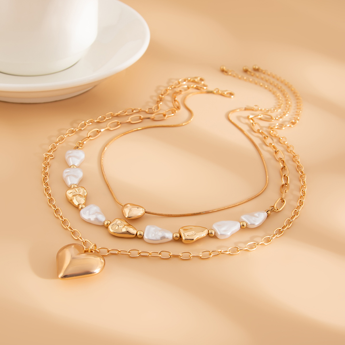 Golden jewelry,Golden Color Heart Detail Multi-Layer Necklace