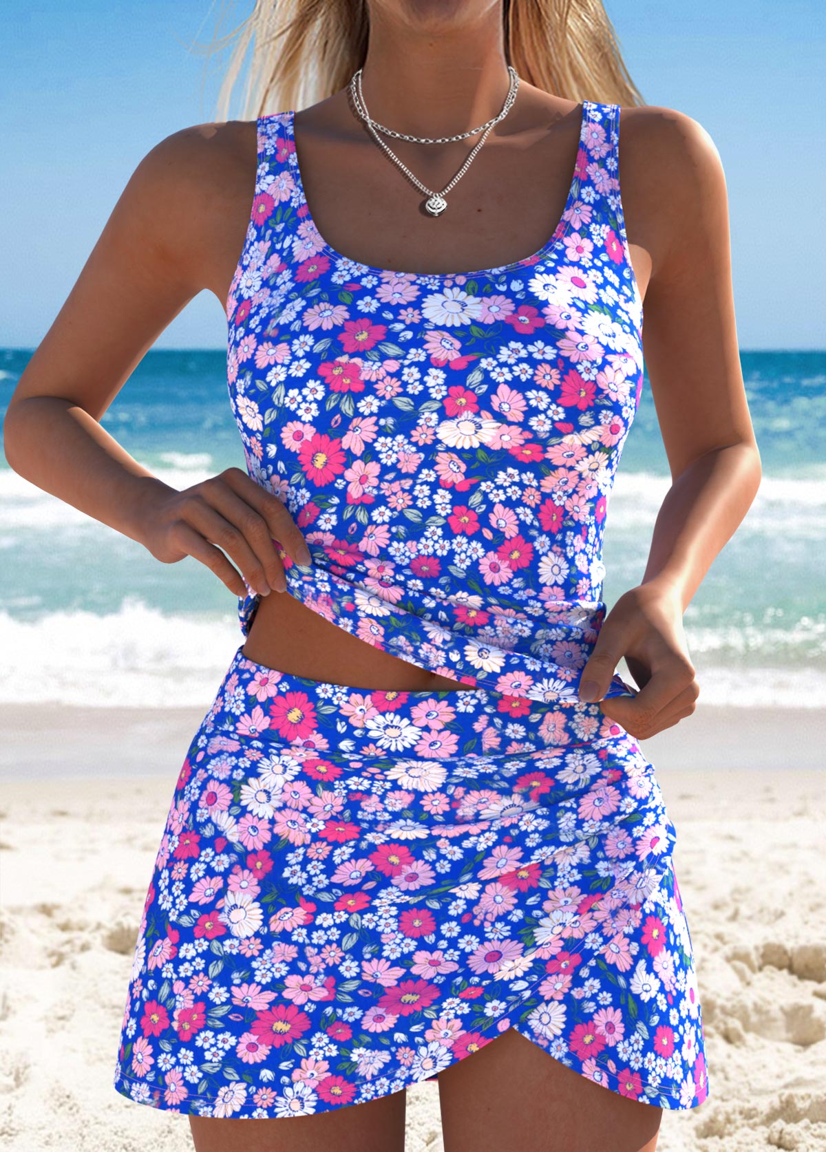 Royal Blue swimwear,Tribal swimwear,ROTITA Royal Blue Tummy Coverage Tribal Print Tankini Set