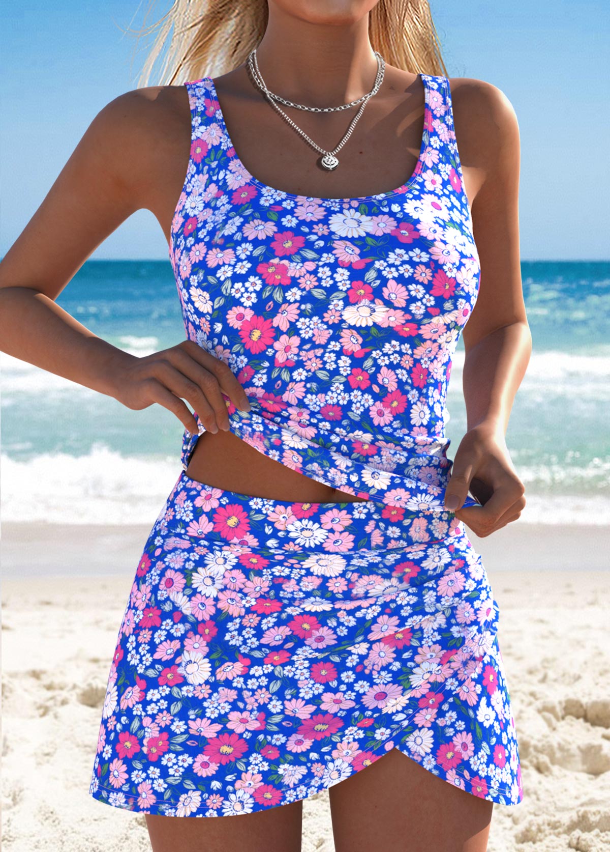 Royal Blue swimwear,Tribal swimwear,ROTITA Royal Blue Tummy Coverage Tribal Print Tankini Set