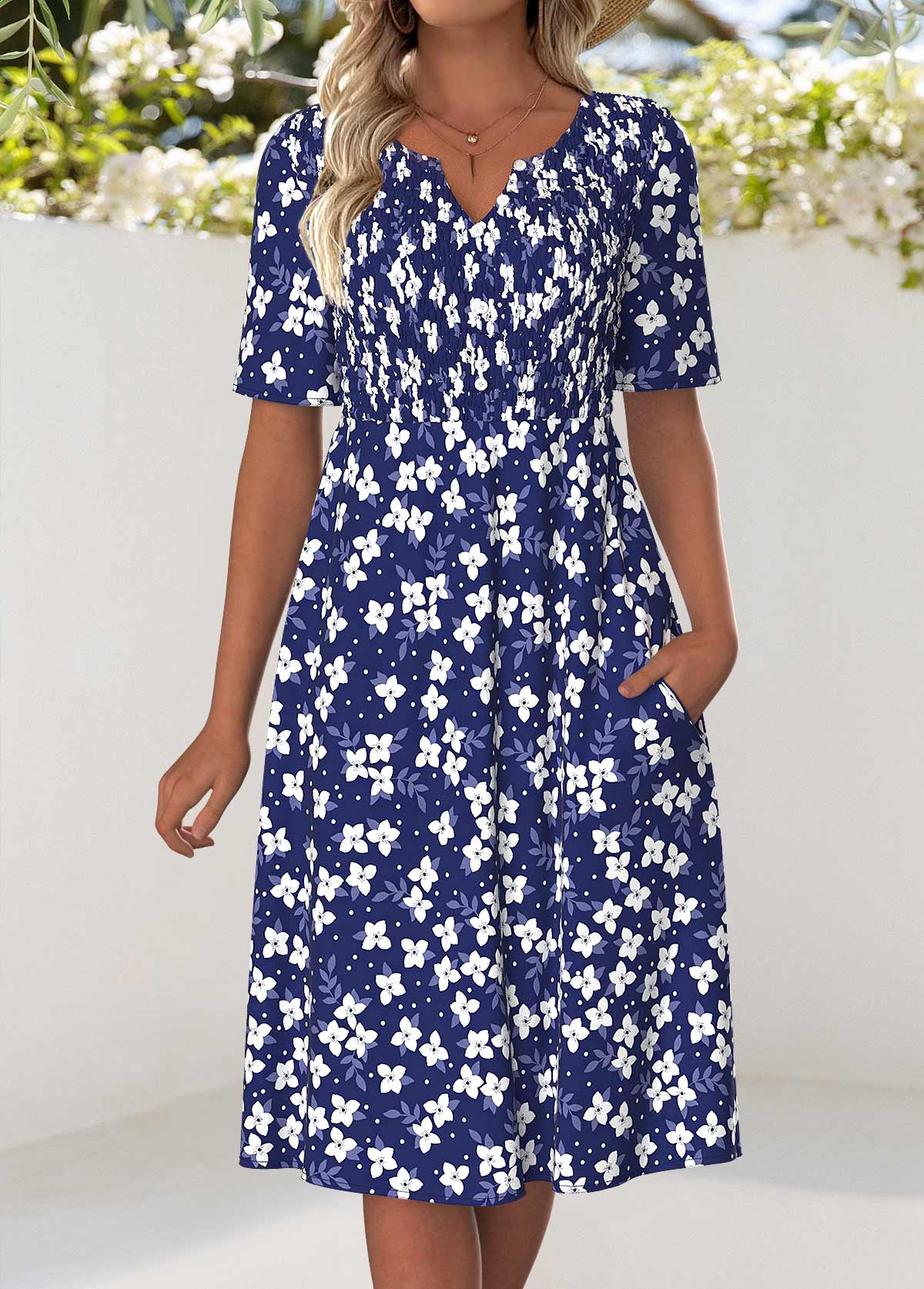 Navy dresses,Floral dresses,Plants dresses,Vacation dresses,ROTITA Navy Floral Print Smocked Split Neck Short Sleeve Dress