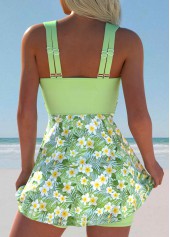 Light Green swimwear,Floral swimwear,Plants swimwear,ROTITA Surplice Light Green Floral Print Swimdress and Shorts
