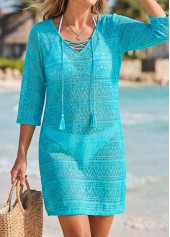 Cyan swimwear,Plain Color swimwear,ROTITA V Neck Jacquard Cyan Cover Up