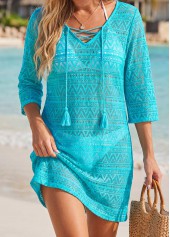 Cyan swimwear,Plain Color swimwear,ROTITA V Neck Jacquard Cyan Cover Up