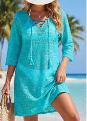 ROTITA V Neck Jacquard Cyan Cover Up