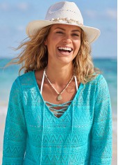 Cyan swimwear,Plain Color swimwear,ROTITA V Neck Jacquard Cyan Cover Up
