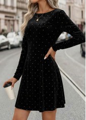 Black dresses,Plain Color dresses,Everyday dresses,Casual dresses,ROTITA Tummy Coverage Black Short Boat Neck Long Sleeve Dress