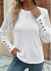 ROTITA Patchwork White Round Neck Long Sleeve T Shirt