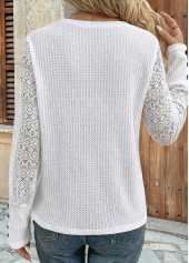 White tops,Plain Color tops,ROTITA Patchwork White Round Neck Long Sleeve T Shirt