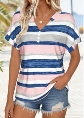 Light Pink tops,Striped tops,Geometric tops,ROTITA Tummy Coverage Striped Light Pink V Neck T Shirt