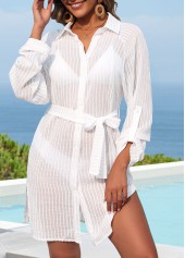 Bauchbedeckendes weißes langärmeliges Strandkleid