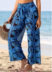 Dark Blue swimwear,Plants swimwear,Dark Blue Tie Leaf Print Pants