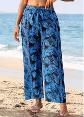 Dark Blue swimwear,Plants swimwear,Dark Blue Tie Leaf Print Pants