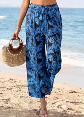 Dark Blue swimwear,Plants swimwear,Dark Blue Tie Leaf Print Pants