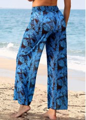 Dark Blue swimwear,Plants swimwear,Dark Blue Tie Leaf Print Pants