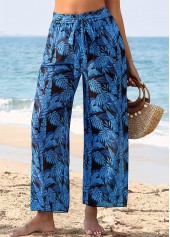 Dark Blue swimwear,Plants swimwear,Dark Blue Tie Leaf Print Pants