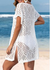 White swimwear,Plain Color swimwear,Hollow Out White Short Sleeve Cover Up