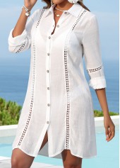White swimwear,Plain Color swimwear,Patchwork White Long Sleeve Cover Up