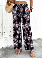 Black bottoms,Floral bottoms,Plants bottoms,Floral Print Black Wide Leg Elastic Waist Pants