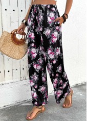 Black bottoms,Floral bottoms,Plants bottoms,Floral Print Black Wide Leg Elastic Waist Pants