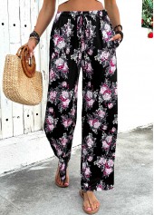 Black bottoms,Floral bottoms,Plants bottoms,Floral Print Black Wide Leg Elastic Waist Pants