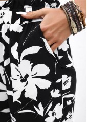 Black bottoms,Floral bottoms,Plants bottoms,Soft Floral Print Black Wide Leg Elastic Waist Pants