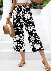 Black bottoms,Floral bottoms,Plants bottoms,Soft Floral Print Black Wide Leg Elastic Waist Pants