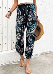 Black bottoms,Plants bottoms,Plants Print Black Jogger Elastic Waist High Waisted Pants