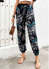 Black bottoms,Plants bottoms,Plants Print Black Jogger Elastic Waist High Waisted Pants