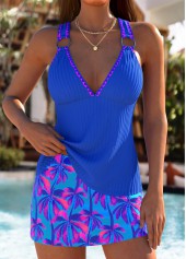 ROTITA Lace Up Royal Blue Tropical Plants Print Tankini Set